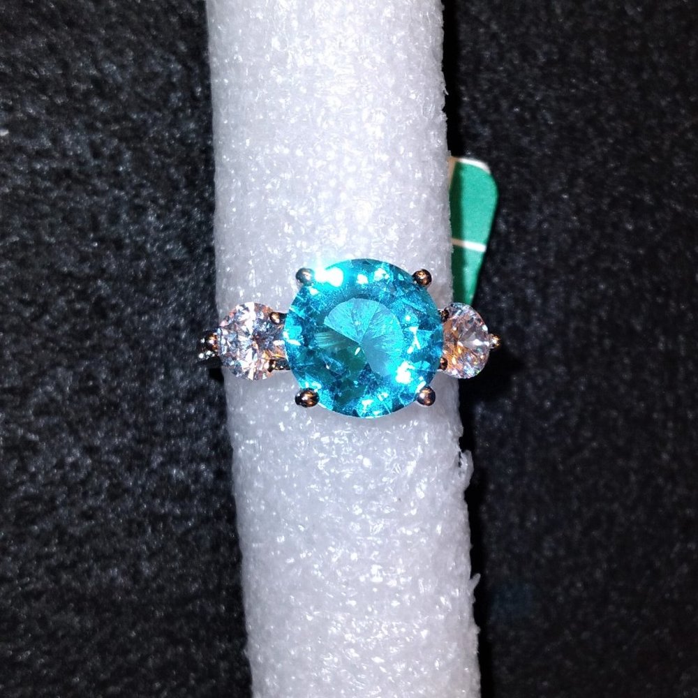 Brand New Luxury White Gold Filled Acid Blue & White CZ Ring - Size 7